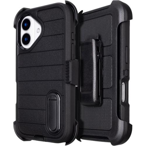 Black for iPhone 16 Case with Belt Clip Holster, Heavy Duty Rugged Military Grade Shockproof Cases for iPhone 16 Case Protective Cover with Kickstand 6.1 Inch