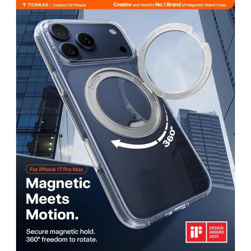 TORRAS 360 Magnetic Stand for iPhone 17 Pro Max Case, [Fit for MagSafe] [4X Military-Grade Protection] Slim Case for iPhone 17 Pro Max 6.9 2025, Clear, Ostand O3 Fitness Series