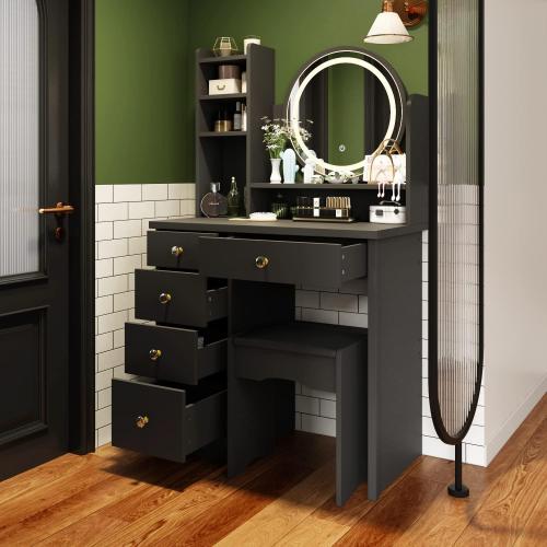 Makeup Vanity Set Dresser Desk with 5 Drawer and Shelf Round Mirror with Touch Screen and Light Vanity Set with Cushioned Stool for Bedroom, Black