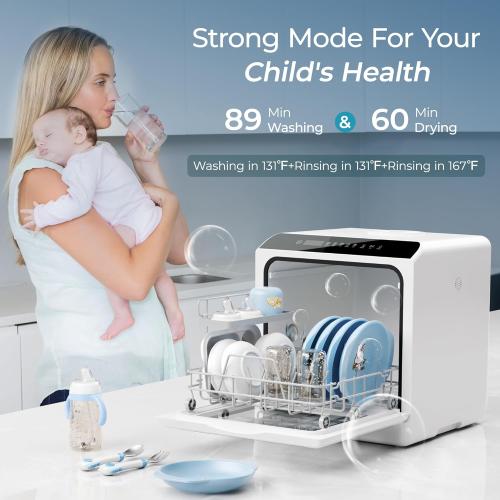 EUHOMY Countertop Dishwasher Portable with 6 Programs, 5L Built-in Water Tank for Apartments & RV, 167℉ High-Temp, No Hookup Needed, Mini Dishwasher with Baby Care, Air Dry/Quick/ECO/Fruit/Normal Mode