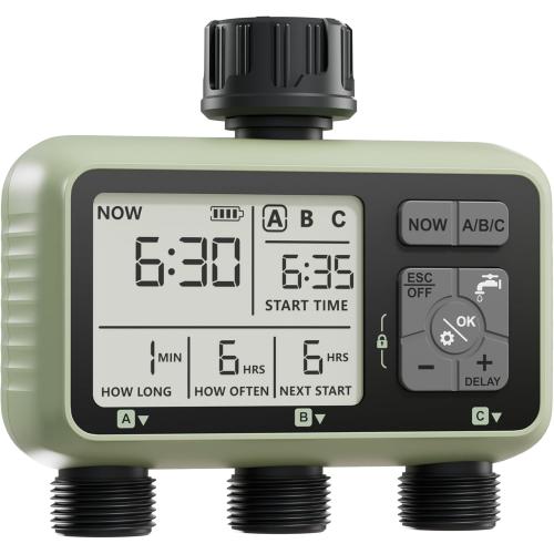Diivoo 3 Zone Sprinkler Timer, Water Timer 3 Outlet for Garden Hose, Programmable Automatic Irrigation Timer IP54 with Rain Delay and Manual/Auto Mode Watering for Lawn, Yard, Pool, Green, HCT-378