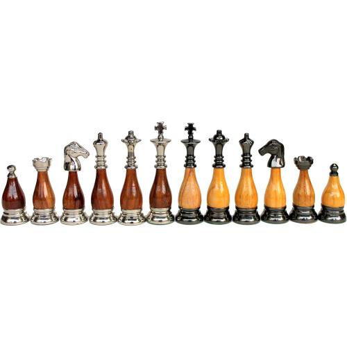 StonKraft Collector Edition Brass Chess Pieces Pawns Chessmen Coins Figurine Pieces - 3.5 Inches - Wooden Brass Combo