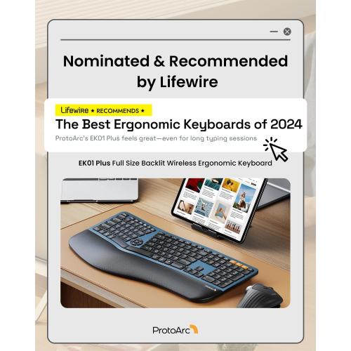 ProtoArc Backlit Bluetooth Ergonomic Keyboard, EK01 Plus Full Size Wireless Split Keyboard with Dual Bluetooth and USB, Cushioned Wrist Rest, Rechargeable, Compatible with Windows/Mac/Android, Blue