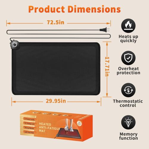 Heated Anti-Fatigue Floor Mat Under Desk - Heated Standing Mat Cushioned with Foot Warmer 17.7x30,8 Levels Temp & 12H Timer, 1.2 Thick Comfort Foam Heating Pad for Kitchen,Office,Home,Durable