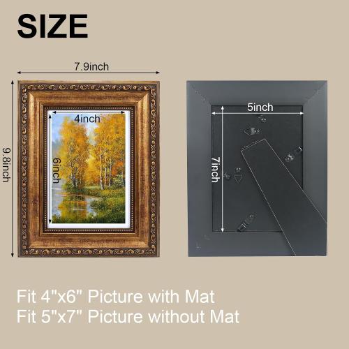 5x7 Vintage Gold Picture Frame, Ornate Victorian Frames for Gallery Wall or Tabletop with Real Glass, Display Art 4x6 with Mat or 5x7 without Mat for Antique Déco