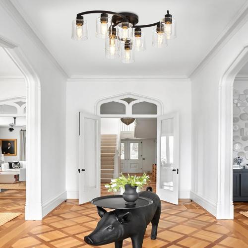 Semi Flush Mount Ceiling Light Fixtures, Black Kitchen Light Fixtures Ceiling Mount, 9 Light Industrial Ceiling Lights with Clear Glass Shade for Bedroom Hallway Living Room