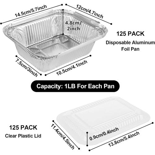 125 Pack 1LB / 16 oz Small Aluminum Pans with Lids, 6 x 5 x 2 Inch Aluminum Loaf Pans, Aluminum Foil Pans Take Out Food Containers with Clear Lids for Baking Catering Roasting