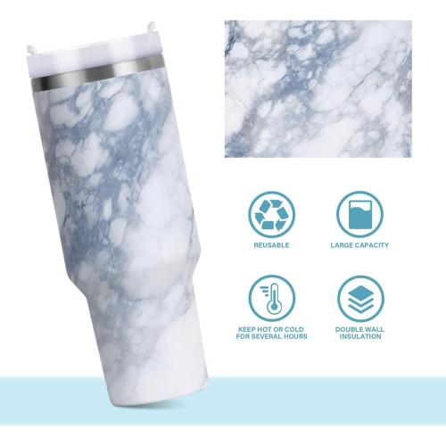 xigua 40 oz White Marble Tumbler with Handle and Straw Lid, Stainless Steel Vacuum Insulated Sports Water Bottle, Keeps Cold or Hot Coffee Cup Travel Mug