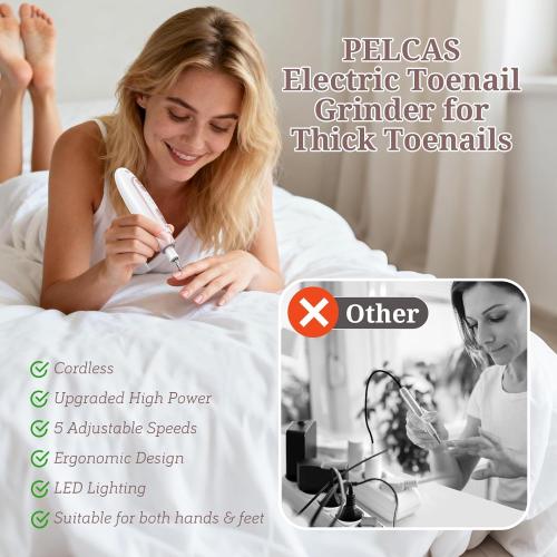 PELCAS Electric Nail File, 5 Speeds Nail Grinder for Thick Toenails, Cordless Nail Drill, Manicure and Pedicure Kit with LED Light, Toenail Grinder for Human, Thick Toenails, Natural & Acrylic Nails