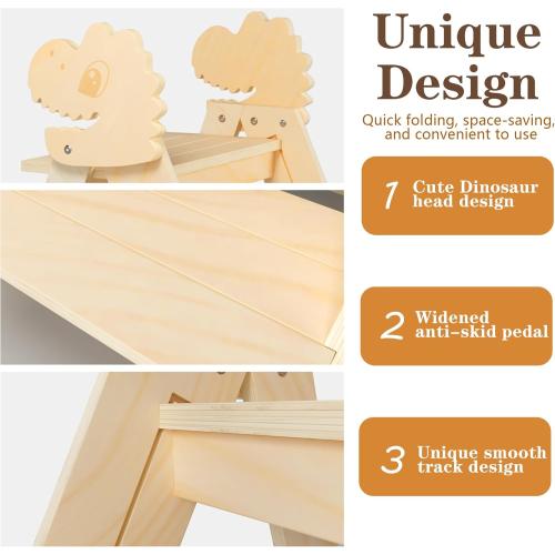 Wooden Toddler Step Stool, 2-Step Foldable Stool for Kids with Non-Slip Surface, Baby Bathroom Stool for Potty Training, Bathroom Sink, Kitchen Counter with Cute Dinosaur Design, Natural