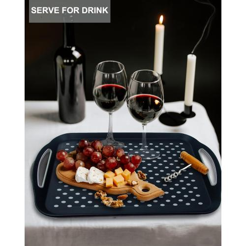 Large Nonslip Serving Tray with Handles, Silicone Grippy Dots Lap Food Trays for Eating, Dishwasher Safe Serve for Breakfast Dinner Snack Fruit Appetizers Beverage, Rectangular, Set of 2, Black