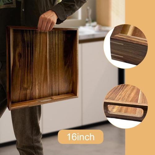 24'' Acacia Extra Large Square Wood Tray - Wood Trays for Ottoman, Rustic Square Serving Trayes with Handles,Ottoman Table Topper, Durable and Versatile for Living Room,Bedrooms,Coffee Table, Kitchen