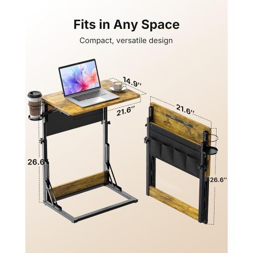 HUANUO Adjustable TV Tray Table – Easy Assembly TV Tray with Cup Holder, Storage Bag & Tablet Slot, Height Adjustable Folding Desk for Bed, Couch & Living Room with Space-Saving Design
