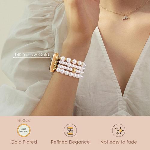 V-MORO Compatible with Apple Watch Band Pearl Series 11/10/9/8/7 42mm 41mm 40mm 38mm Women Fashion Handmade Beaded Elastic Strap Dressy Stretch Bracelet for iwatch SE Series 6/5/4/3/2/1-White/Gold