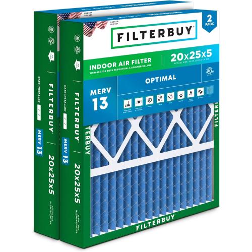 Filterbuy 20x25x5 Air Filter MERV 13 Optimal Smoke & Allergy Defense (2-Pack), Pleated HVAC AC Furnace Filters for Honeywell FC100A1037, Lennox X6673, and More (Actual Size: 19.88 x 24.75 x 4.38)