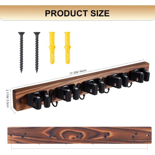 Broom Holder Wall Mount With 5 Slots & 4 Hooks，Rustic Wood Broom & Mop Hanger，