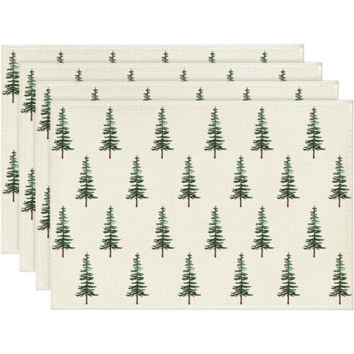 Artoid Mode Green Xmas Pine Christmas Placemats Set of 4, 12x18 Inch Seasonal Christmas Table Mats for Party Kitchen Dining Decoration