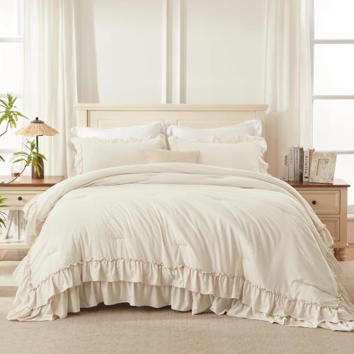 Andency Beige Full Size Comforter Set, 3 Pieces Farmhouse Shabby Chic Ruffle Comforter, Soft Lightweight Fluffy All Season Microfiber Bedding Comforter Set for Kids, Girls, Women