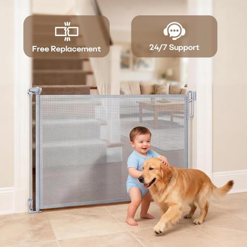 SPACEANY Retractable Baby Gate for Stairs & Doorways - 55 Wide Portable Safety Gate | Fits Baseboards, Easy to Use Indoor/Outdoor | Mesh Gate for Dogs, Puppies, Gray