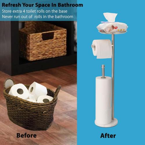 Noonext Toilet Paper Holder Stand with Shelf, Freestanding Toilet Paper Holder, Heavy Marble Base No Tipping Over (Brushed Nickel)