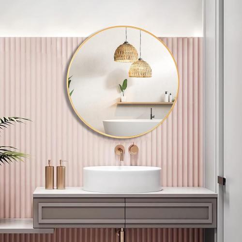 CONGUILIAO Circle Mirror Gold 28 Inch Round Wall Mounted Mirror, Large Bathroom Mirror, Wall Mounted Over Sink Vanity Mirror for Living Room Washrooms Entryways Decor