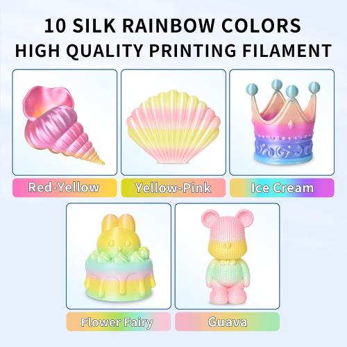 RAMBERY Silk Rainbow PLA 3D Printer Filament Bundle, 10 Colors Total 10kg, 1.75mm Multicolor Gradient 3D Printing Filament for Most FDM 3D Printers, 1KG Spool (2.2lbs) x 10 PCS