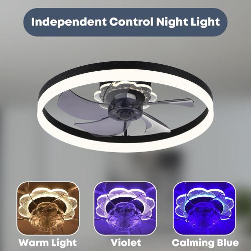 Fszdorj 23.6'' Ceiling Fan with Light, Upgraded Low Profile Fan, Flush Mount Ceiling Fan, 6 Speeds, Dimmable LED, App & Remote Control, Quiet DC Motor, for Bedroom, Living Room, F115 Black N
