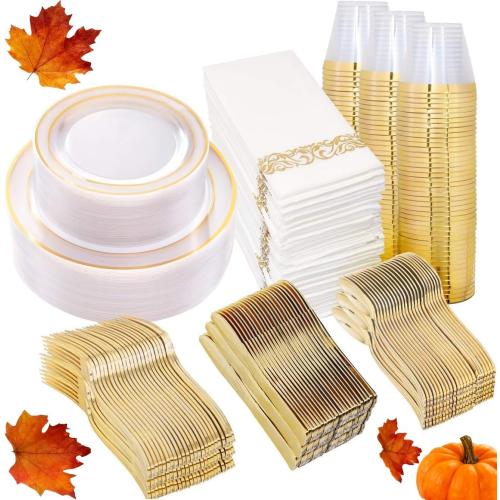 I00000 50 Guests Clear Gold Plastic Plates, Gold Disposable Dinnerware Set Includes: 100 Plastic Plates, 50 Silverware Set, 50 Disposable Cups, 50 Napkins Perfect for Party & Wedding
