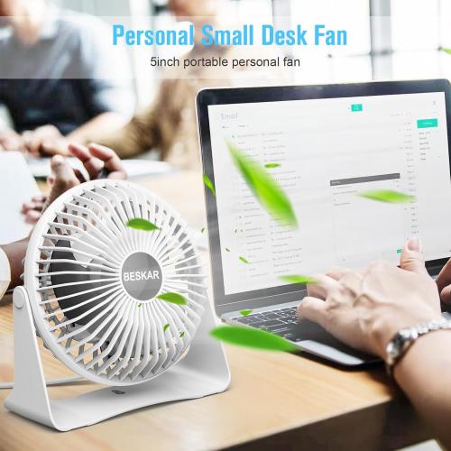 BESKAR USB Small Desk Fan, Portable Fans with 3 Speeds Strong Airflow, Quiet Operation and 360°Rotate, Personal Table Fan for Home,Office, Bedroom- 3.9 ft Cord/White