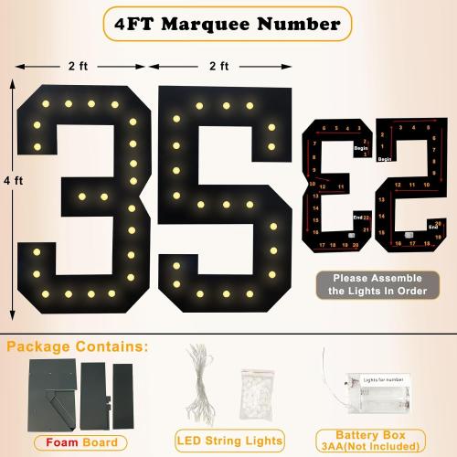 4FT Marquee Light Up Numbers, Black Giant Marquee Number Big Mosaic Number for 35th Birthday Party Decorations Backdrop 35 Anniversary Decor, Pre-Cut Frame Large Number 35****