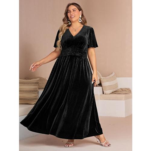 Siza 1XL Simplee Women’s V Neck Velvet Maxi Dress Short Sleeve Empire Waist Long Formal Dress for Wedding Guest