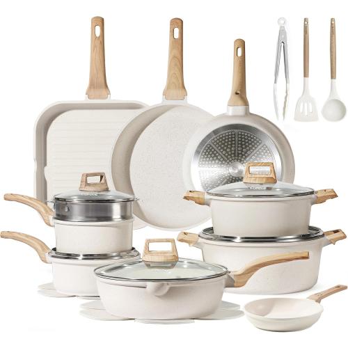 CAROTE 26pcs Pots and Pans Set, Nonstick Cookware Sets, with Grill Pan | With 6.5-Qt Stockpot, Lightweight & Durable, Steamer Included, Fast & Even Heating, Induction Compatible