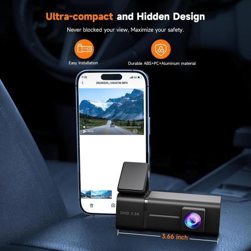 Dash Cam 2.5K 1440P Front Dashcam for Cars, E-YEEGER Mini WiFi Hidden Dashcams with App, Night Vision Car Camera, 24H Parking Mode, G-Sensor, Loop Recording, Free 32G Card, Support 256GB Max, Black