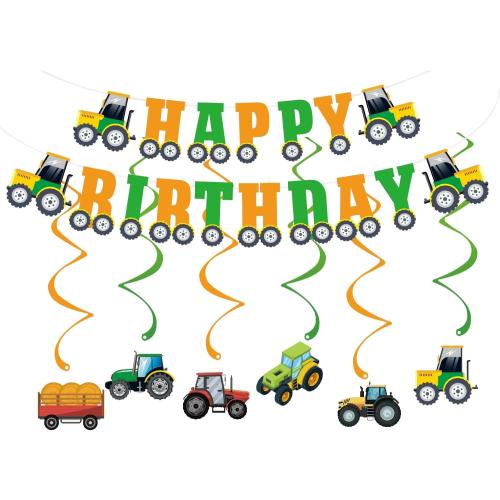 Tractor Birthday Decorations, Cute Farm Themed Happy Birthday Banner, Boy Girl Funny Party Supplies with Banner and Hanging Swirl