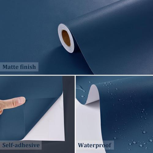 Navy Blue Peel and Stick Removable Wallpaper Thicken Vinyl Modern Matte Textured Solid Color Self-Adhesive Room Wallpaper Countertop Contact Paper for Kitchen Cabinet (24x393 Dark Blue)