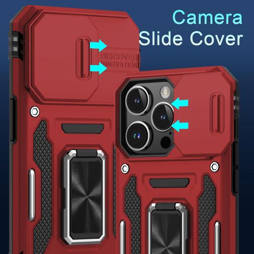 DEERLAMN Case for iPhone 15 Pro Max with Slide Camera Cover Screen Protector(1 Pack), Rotated Ring Kickstand Military Grade Shockproof Protective Cover 6.7 Inch-Red
