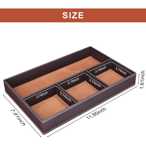 Size 11.85×7.91×1.61 Color Brown Faux Leather Valet Tray for Men, Stackable Jewelry Organizer for Drawers Inserts, Nightstand Caddy Tray for Key, Wallet, Sunglass, Watch, Coin, Phone, Bedside Desktop Storage Brown