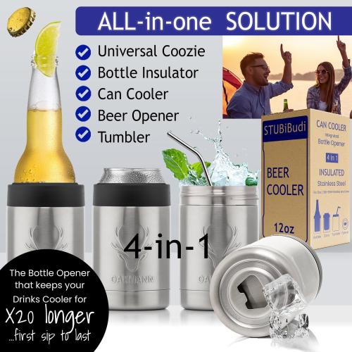 Stainless Steel Beer Cooler With Bottle Opener, Vacuum Insulated Can Cooler 12 oz for Bottles Cans, 4-in-1 Universal Insulator Coozy for Bottles Cans, Beer Gifts for Men (Steel)