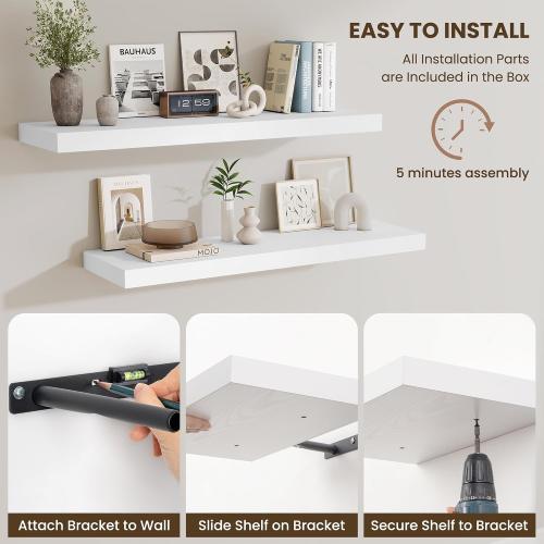 Fun Memories Floating Shelves for Wall 10 Inch, 10 Inch Deep Square Wall Shelves, Bathroom Storage Shelves Over Toilet, Wood Floating Shelves for Living Room Bedroom, White, Set of 2