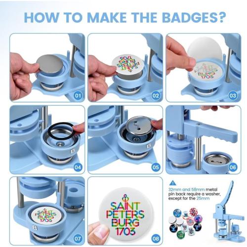 Button Maker Machine Multiple Sizes, 1'' 1.25'' 2.25'' Pin Maker Button Press Machine W/ 300 Sets Metal Pinback Inserts, Pin Making Supplies Kit for DIY Badges