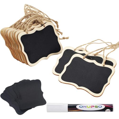ONUPGO 16 Pack Chalkboard Tags with String, 4x3 Hanging Chalkboard Signs with Liquid Chalk Marker, Wooden Mini Blackboard Tags Massage Board Tags, Hanging Chalkboard Price Tags