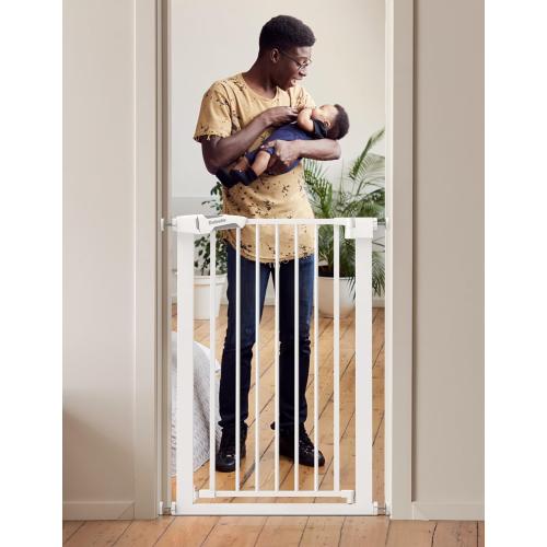 BABELIO 36 Tall Narrow Baby Gate, 26-28.5 Wide Auto-Close Metal Pet Gate for Small Stairs/Doorways/Hallways, Pressure/Hardware Mounted for Child and Pets, NO Extensions, White