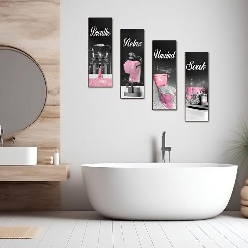 Honoson 4 Pcs Black and Pink Bathroom Decor Bathroom Picture Wall Art