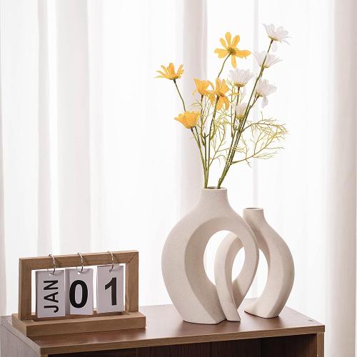 Levvohd Hollow Ceramic Vase Set of 2, Modern Nordic Minimalist Book Style Boho Aesthetic Vases for Home Decor Living Room Shelf Entryway Coffee Centerpiece Table Decorative (Cream White)