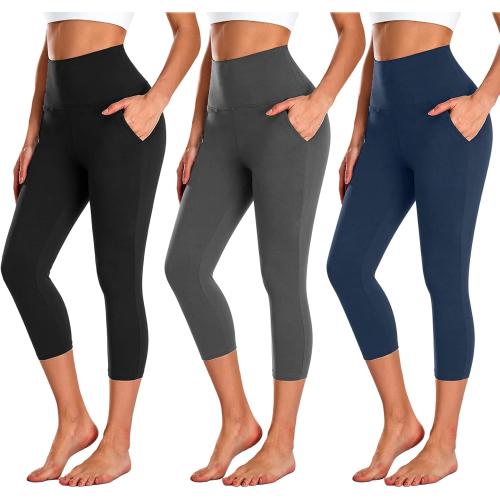 Pink, Blue, and Black L/XL NEW YOUNG 3 Pack Capri Leggings for Women with Pockets-High Waisted Tummy Control Workout Gym Yoga Pants