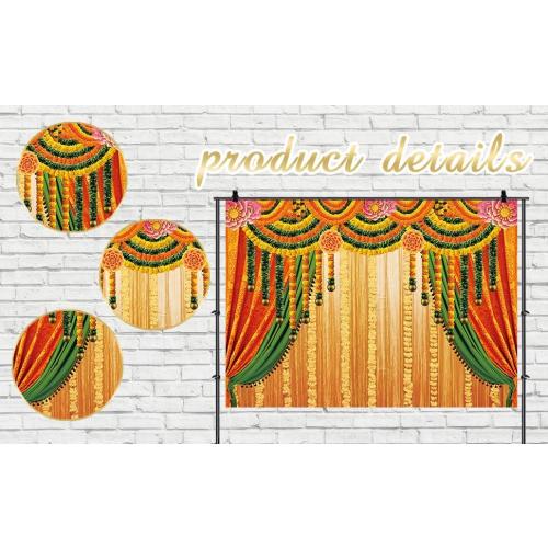 Indian Pooja Traditional Backdrop Indian Religious Festival Marigold Yellow Curtain Background Diwali Puja Ganpati Pooja Mehndi Wedding Party Decoration 7x5FT