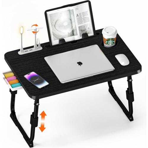 Laptop Desk for Bed Height Adjustable, Lap Bed Table with USB/Storage Drawer/Cup Holder/Tablet Stand/Book Shelf, Foldable Breakfast Tray Portable for Reading Writing, Sofa & Floor, Black