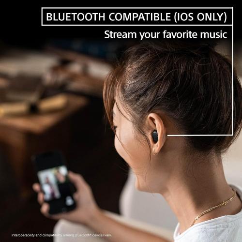 Color Black Sony CRE-E10 Self-Fitting OTC Hearing Aids for Mild to Moderate Hearing Loss, Prescription-Grade Sound Quality, Comfortable Earbud Design, Bluetooth Enabled for iOS, and Rechargeable Battery, Black