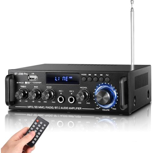 298Pro Stereo Audio Amplifier, Max 400W Home 2 Channel Bluetooth 5.0 Wireless Power Amplifier, HiFi Sound Home Theater Audio System Home Stereo Receiver, MIC in w/Echo, Bass & Treble w/USB/RCA/FM