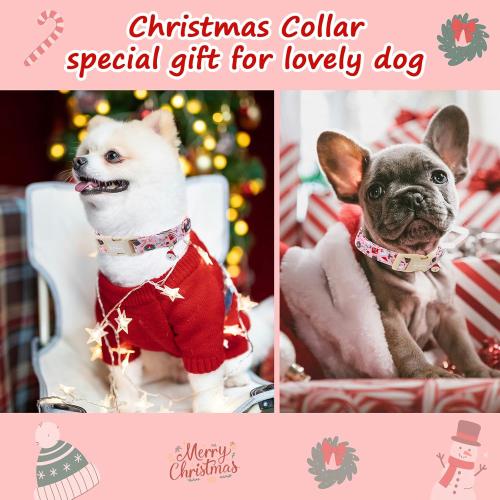 Pink Christmas Dog Collar, Adjustable Cotton Dog Collars with Santa & Snowman Patterrn, Holiday Dog Collars for Small Dogs, Cute Winter Collar for Girl Boy Dogs-S
